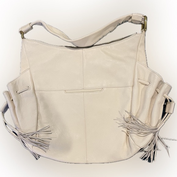Hobo International cream fringe leather gold hardware handbag purse - Picture 2 of 16